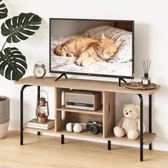 Oak TV Unit for 55 Inch TV,120cm Wooden TV Cabinets for Living Room,Oak TV Stand Cabinet with Arch Details & Rounded Edges, Modern Media Console Table with Open Gaming Entertainment Center Shelves