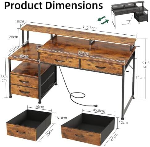 Computer desk with Power Outlet and Drawers Charging Station, LED Light