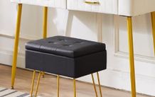 Multifunctional Storage Vanity Stool with Flip Tabletop, Adjustable Metal Legs & PU Leather - 40x30x48cm Ottoman Footrest for Makeup, Living Room, Entryway, Black