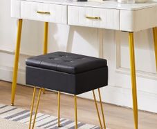 Multifunctional Storage Vanity Stool with Flip Tabletop, Adjustable Metal Legs & PU Leather - 40x30x48cm Ottoman Footrest for Makeup, Living Room, Entryway, Black