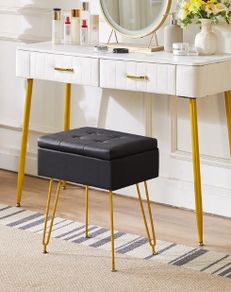Multifunctional Storage Vanity Stool with Flip Tabletop, Adjustable Metal Legs & PU Leather - 40x30x48cm Ottoman Footrest for Makeup, Living Room, Entryway, Black