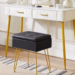 Multifunctional Storage Vanity Stool with Flip Tabletop, Adjustable Metal Legs & PU Leather - 40x30x48cm Ottoman Footrest for Makeup, Living Room, Entryway, Black