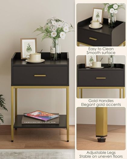 Bedside Table, 3-tier Modern Bedside Table with Storage Drawer and Shelf, Small Side Table for Bedroom, Living Room, Black