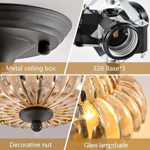 Modern Black Ceiling Light Fixture, Amber Glass Flush Mount Chandeliers, Semi Flush Mount Ceiling Light Fixture Suitable for Living Room Hallway Kitchen Bedroom