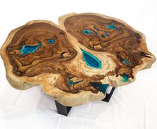 Round live edge coffee table glowing in the dark