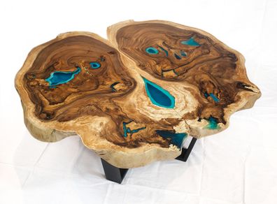 Round live edge coffee table glowing in the dark