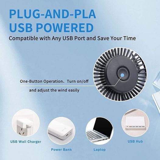 USB Desk Fan, 3 Speeds Adjustable Strong Wind Table Fan, 360 Degree Rotation Mini Personal Fan 6 Inches Portable Cooling Fan for Desktop Office Home Bedroom Car Outdoor Camping MULTIPLE COLOURS AVAILABLE (FREE POSTAGE)