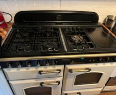 Premium 110cm Dual Fuel Range Cooker Rangemaster in Pale Cream with Antique Brass Trim