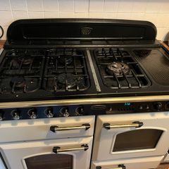 Premium 110cm Dual Fuel Range Cooker Rangemaster in Pale Cream with Antique Brass Trim