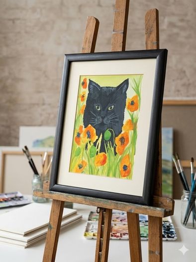 Poppy Field Feline Original Watercolour Painting