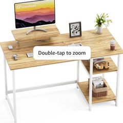 Office Desk 100cm with Monitor Stand, Oak Study Computer Desk, Reversible Storage Shelves, Space Saving, Easy Assembly, For Home and Small Spaces