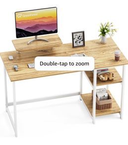 Office Desk 100cm with Monitor Stand, Oak Study Computer Desk, Reversible Storage Shelves, Space Saving, Easy Assembly, For Home and Small Spaces