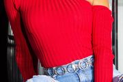 One-Shoulder Ribbed Sweater fits xs-s colour MAROON