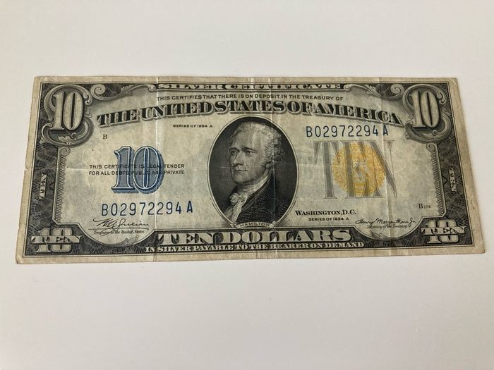 1934 A 10 Dollars Silver certificate Yellow Seal Rare