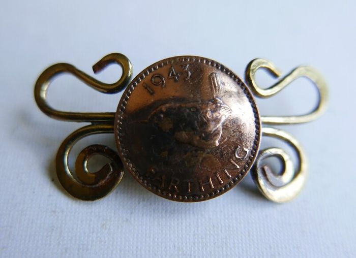 Vintage Twisted brass and Copper Foreign Coin Pin
