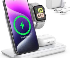 Foldable 3 in 1 Wireless Charging Station for Apple Devices, Wireless Charger Stand with 20W PD Adapter for iPhone 17/16/15/14/13/12/11, Apple Watch & AirPods Charging Dock White