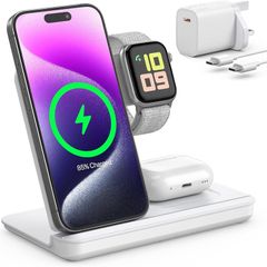 Foldable 3 in 1 Wireless Charging Station for Apple Devices, Wireless Charger Stand with 20W PD Adapter for iPhone 17/16/15/14/13/12/11, Apple Watch & AirPods Charging Dock White