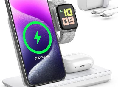 Foldable 3 in 1 Wireless Charging Station for Apple Devices, Wireless Charger Stand with 20W PD Adapter for iPhone 17/16/15/14/13/12/11, Apple Watch & AirPods Charging Dock White