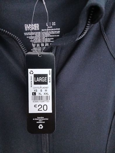 Dunnes black activewear jacket, size large, new with tags