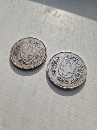 UNDER SPOT 2x Swiss 1932 Silver 5 Francs. Free Post!