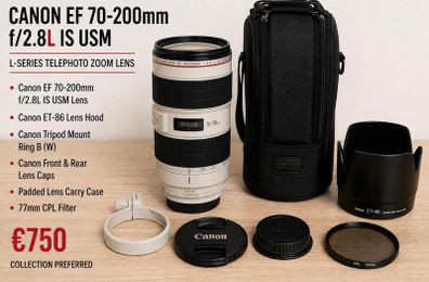 Canon EF 70-200mm f/2.8L IS USM Lens + Case, Hood, Collar & CPL Filter