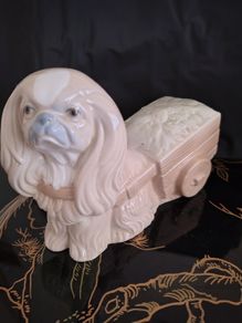 Vintage Pekinkese Dog and Flower Cart Figurine by Porceval.