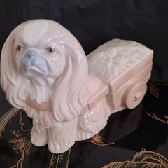 Vintage Pekinkese Dog and Flower Cart Figurine by Porceval.
