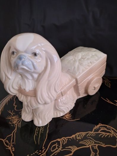 Vintage Pekinkese Dog and Flower Cart Figurine by Porceval.