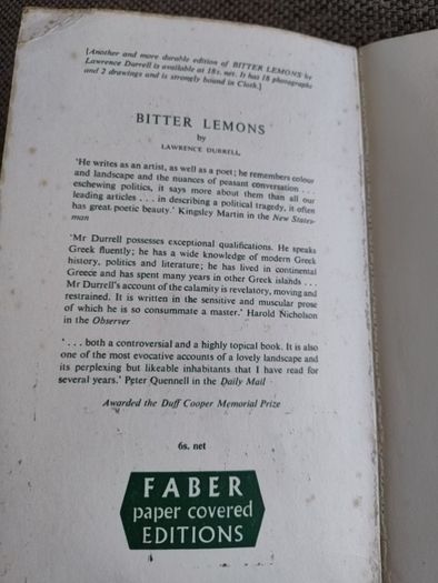 Bitter Lemons by Lawrence Durrell 1961 in good used condition with all pages intact FREE STANDARD POSTAGE INCLUDED
