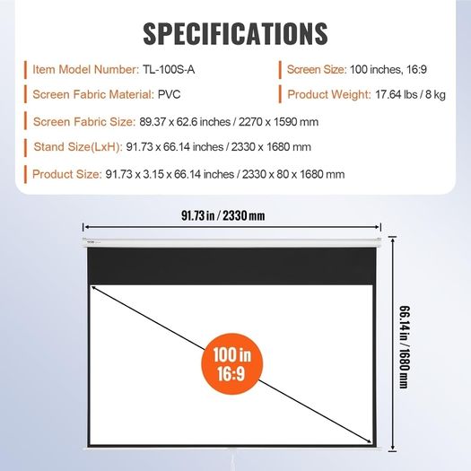 VEVOR Manual Pull Down Projector Screen, 100 inch 16:9 4K 1080 HD Retractable Projector Screen