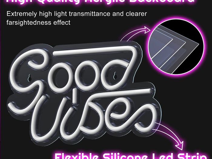 Good Vibes Neon Signs (13" X 7"), Cisteen Led Neon Light Signs with Acrylic Board, Goodvibes Neon Word Light Wall Decor Powered by USB for Bedroom, Makeup Room, Game Room,Bar,Wedding,Party (FREE POSTAGE)