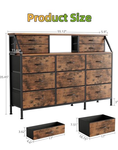 Dresser for Bedroom with 13 Drawers, 55 inchWide Chest of Drawers, Fabric Dresser with 2 Wooden Shelves, Storage Organizer Unit with Fabric Bins for Bedroom, Living Room, Hallway, Rustic Brown