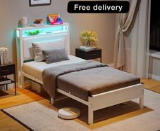 3FT Single Bed Frame with LED Lights and Charging Station