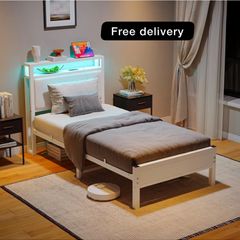 3FT Single Bed Frame with LED Lights and Charging Station