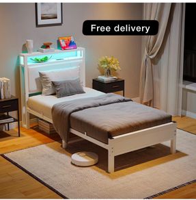 3FT Single Bed Frame with LED Lights and Charging Station