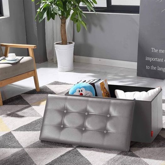 NEW SALE | Folding Ottoman Bench Storage Box with Lid, Large Storage Seat Faux Leather Footstool Toy Storage Box, Brown, 76 x 38 x 38 cm