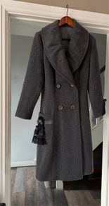 Grey Flared Wool Blend Herringbone Tailored Structured Fit Princess Coat UK 10 12
