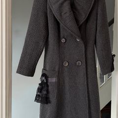 Grey Flared Wool Blend Herringbone Tailored Structured Fit Princess Coat UK 10 12