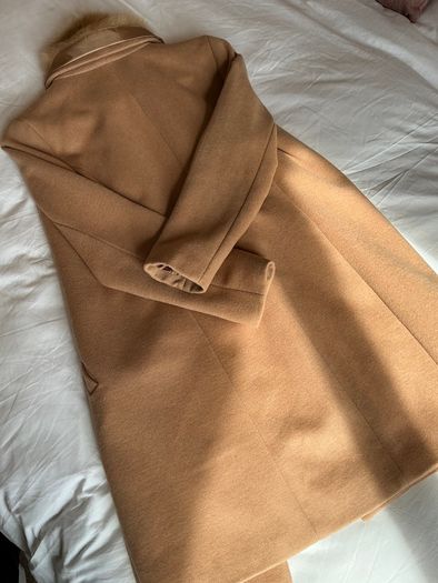 Stunning Monsoon London camel tan wool coat with faux fur collar Size 12