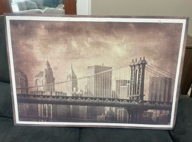 Vintage Style Framed Picture Of Manhattan Bridge & New York Skyline - Can Deliver