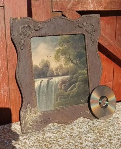 Antique framed signed quaint waterfall scene, D18