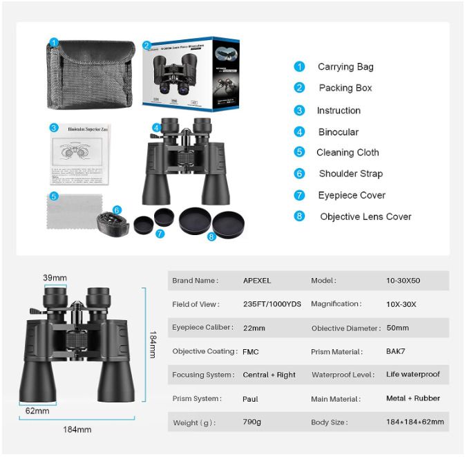 Military Zoom Binoculars 10-30x50 High Powered, Low Light Night Vision/Waterproof