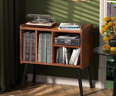 Record Player Table, Mid-Century Record Player Stand with Vinyl Storage Hold Up to 150+ Albums
