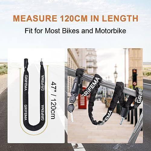 Bike Locks High Security with 2 Keys, Bike Chain Lock Heavy Duty, 120cm Bicycle/Cycling Locks for Bike Cycle, Moto, Door, Gate Fence, Black/White