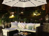 Parasol with LED solar lighting, traffic light umbrella, garden umbrella, 32 LED lamps, 300 cm, with stand, UV protection up to UPF 50+, with crank, for garden, terrace, taupe