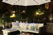 Parasol with LED solar lighting, traffic light umbrella, garden umbrella, 32 LED lamps, 300 cm, with stand, UV protection up to UPF 50+, with crank, for garden, terrace, taupe