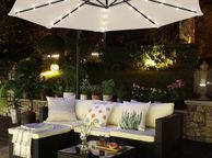 main image for ad Parasol with LED solar lighting, traffic light umbrella, garden umbrella, 32 LED lamps, 300 cm, with stand, UV protection up to UPF 50+, with crank, for garden, terrace, taupe