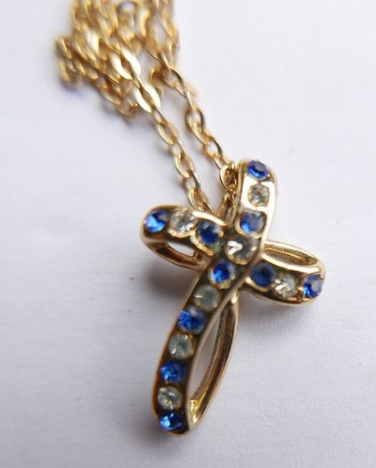 Vintage Gold Plated and Blue Austrian Crystal Cross Necklace length 16"