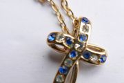 Vintage Gold Plated and Blue Austrian Crystal Cross Necklace length 16"