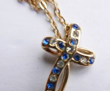 Vintage Gold Plated and Blue Austrian Crystal Cross Necklace length 16"